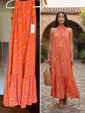 ShoeDazzle Boho Halter Tiered Maxi Dress Orange Pink Paisley Floral Size Medium